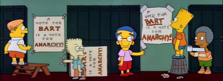 Martin & Bart's campaigns for Class President hanging their campaign posters. Both slogans are "A Vote for Bart is a Vote for Anarchy!"